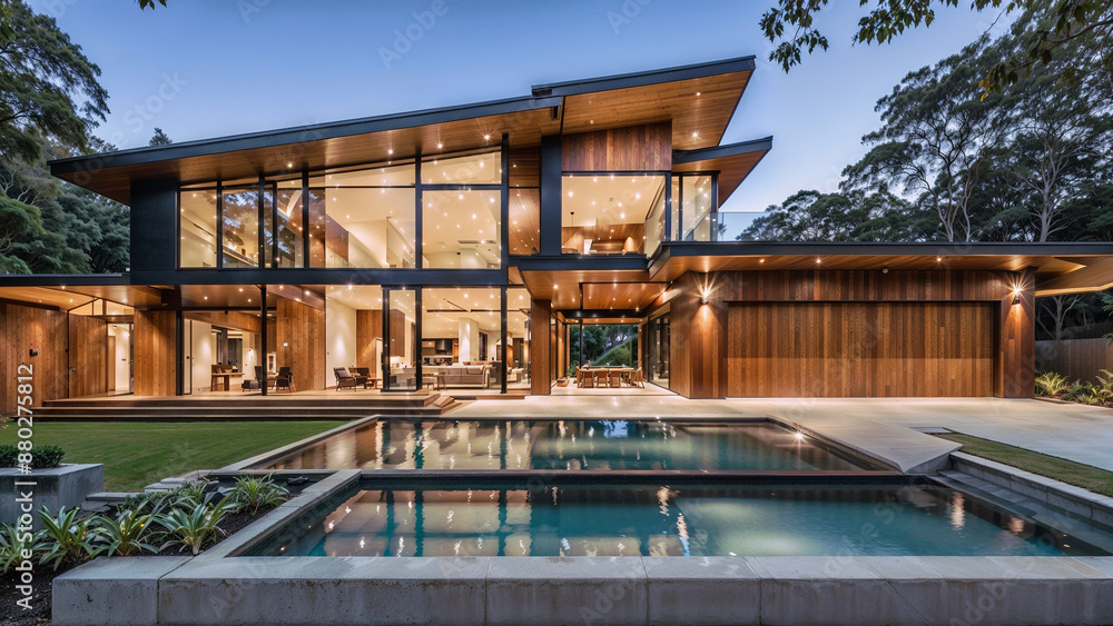 A modern home of luxury and geometric design, showcasing the harmony of wood and glass. A modern home of luxury and geometric design, showcasing the harmony of wood and glass.