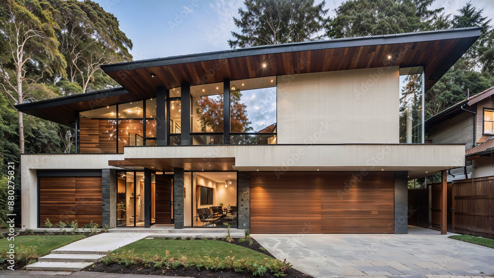 A modern home of luxury and geometric design, showcasing the harmony of wood and glass. A modern home of luxury and geometric design, showcasing the harmony of wood and glass.