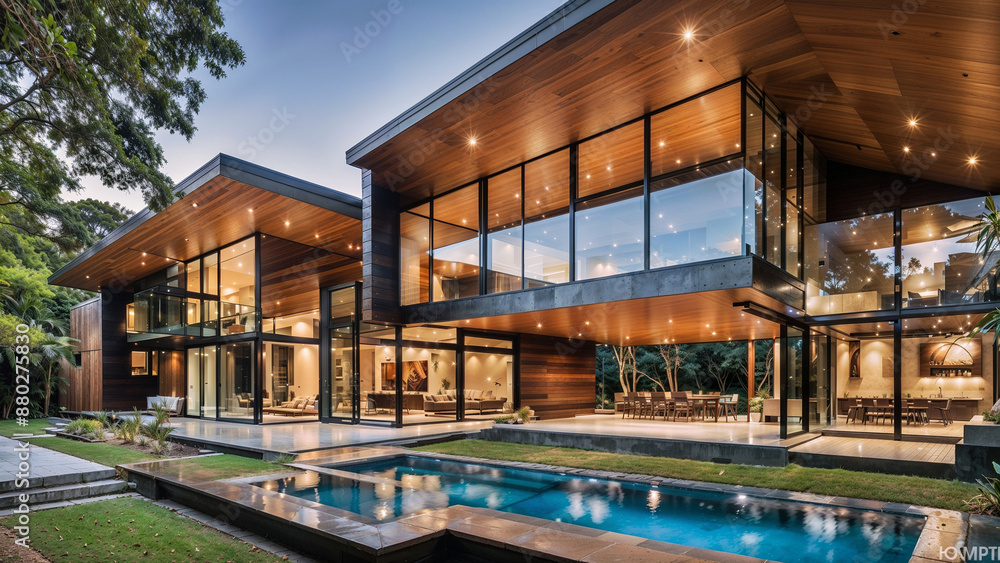 A modern home of luxury and geometric design, showcasing the harmony of wood and glass. A modern home of luxury and geometric design, showcasing the harmony of wood and glass.