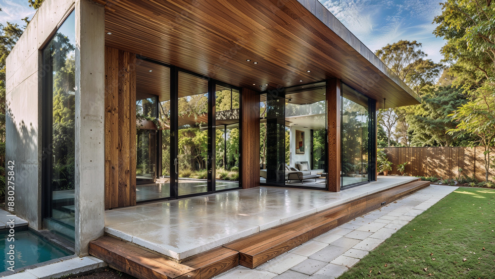 A modern home of luxury and geometric design, showcasing the harmony of wood and glass. A modern home of luxury and geometric design, showcasing the harmony of wood and glass.