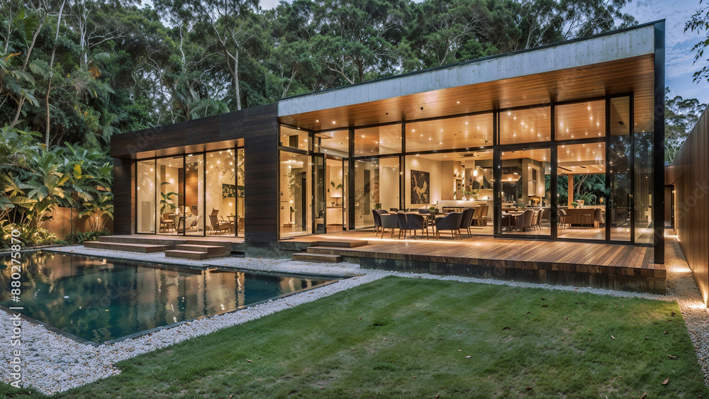 A modern home of luxury and geometric design, showcasing the harmony of wood and glass. A modern home of luxury and geometric design, showcasing the harmony of wood and glass.