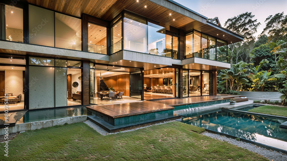 Fototapeta premium A modern home of luxury and geometric design, showcasing the harmony of wood and glass.