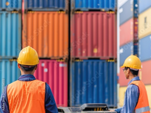 Dockworkers guiding container-loaded truck in shipping teamwork scene with copy space, covering all objects, deep depth of field.