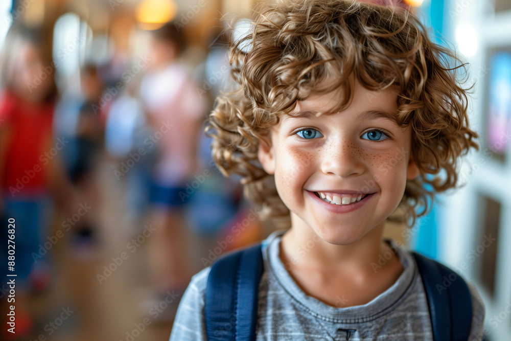 A young boy with curly hair smiling in a school hallway, banner with copy space A young boy with curly hair smiling in a school hallway, banner with copy space