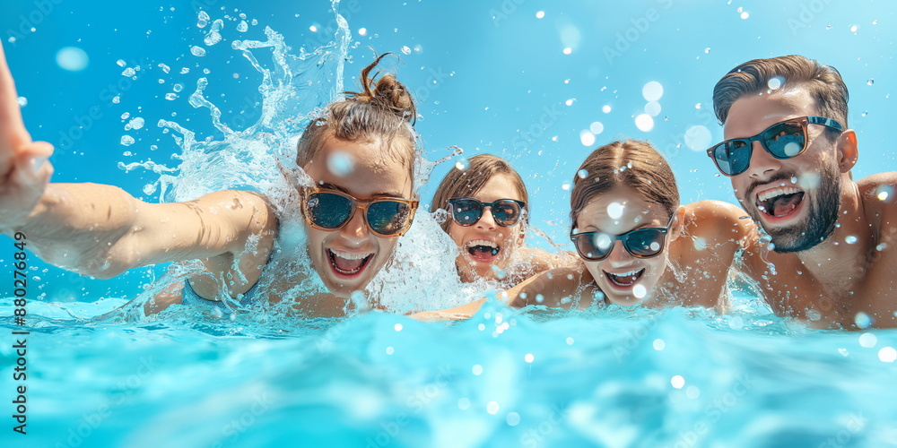 Naklejka premium Group of friends enjoying a splash in a swimming pool on a sunny day. Template for design card, invitation, banner