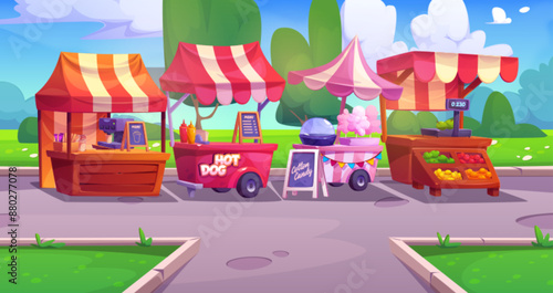 City park landscape with street food market shops and stalls with hot dog and coffee, fresh fruits and sweet cotton candy on summer day. Cartoon vector cityscape with fastfood stand booth and kiosk.