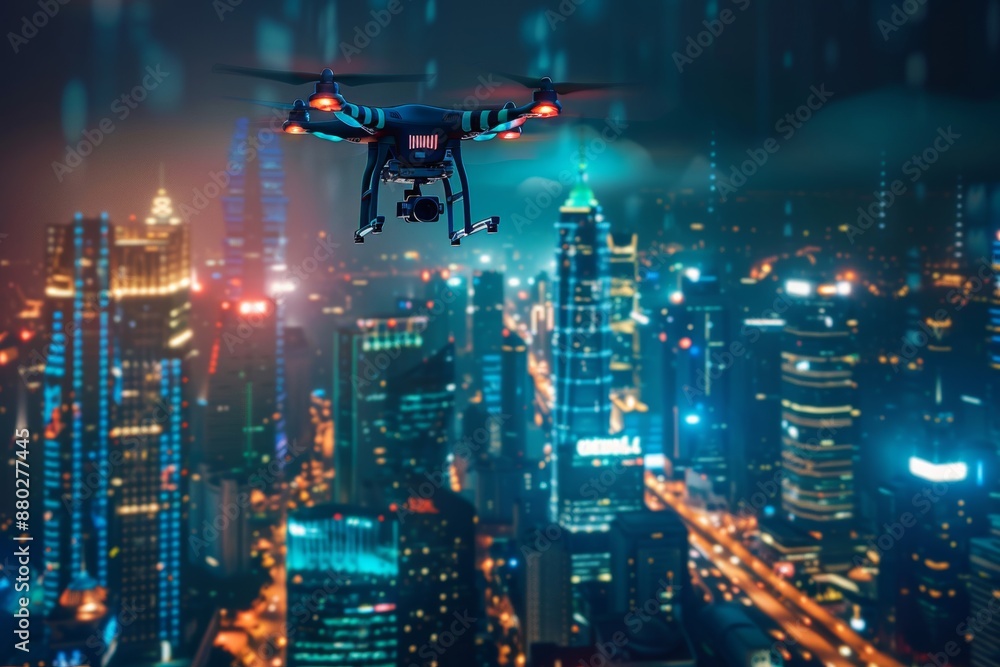 Amazing drone flying over futuristic night cityscape with modern skyline. Amazing drone flying over futuristic night cityscape with modern skyline.