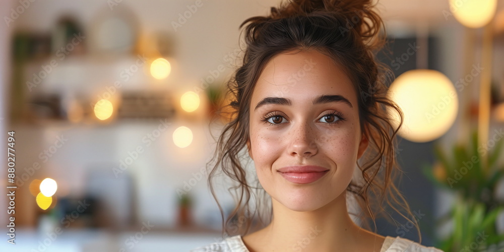Fototapeta premium Smiling Woman in Cozy Home Interior