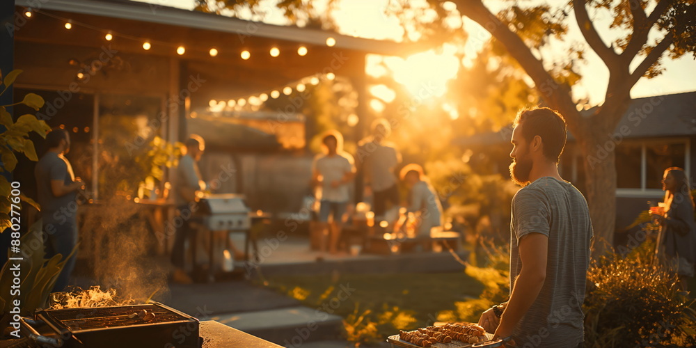 Fototapeta premium People enjoying a backyard barbecue at sunset