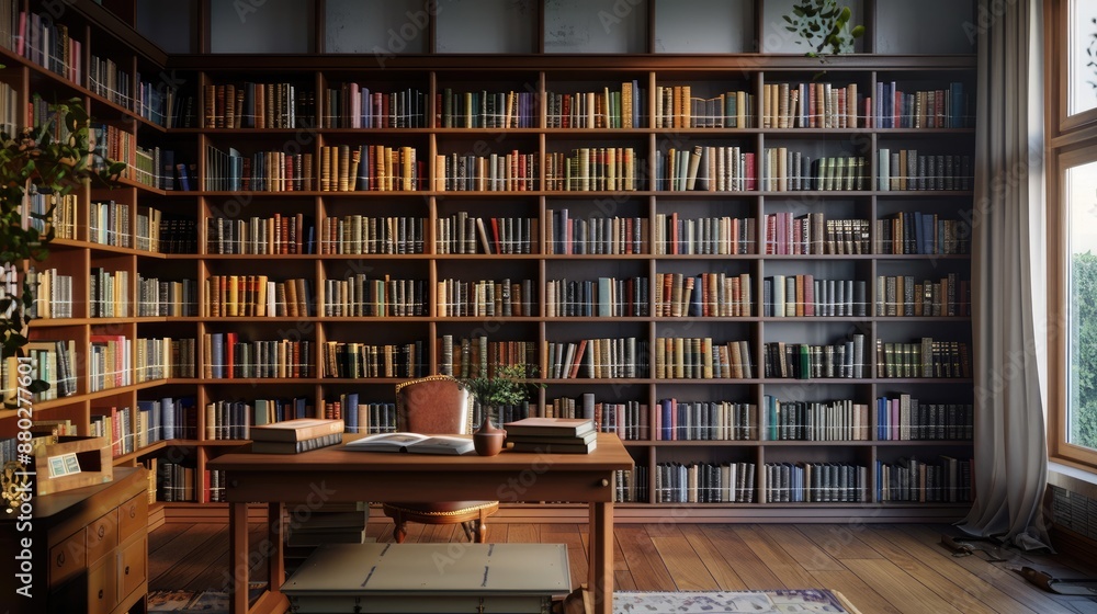 A home library with a mix of modern and traditional elements, including sleek bookshelves, a classic wooden desk, and a collection of vintage books. A home library with a mix of modern and traditional elements, including sleek bookshelves, a classic wooden desk, and a collection of vintage books.
