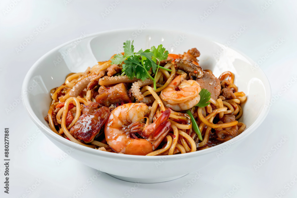 a bowl of noodles with shrimp and meat a bowl of noodles with shrimp and meat