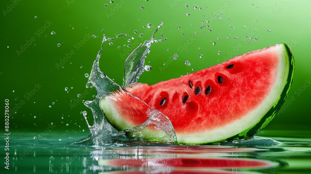 A watermelon slice is floating in a pool of water. The watermelon is surrounded by water droplets, creating a refreshing and vibrant atmosphere A watermelon slice is floating in a pool of water. The watermelon is surrounded by water droplets, creating a refreshing and vibrant atmosphere