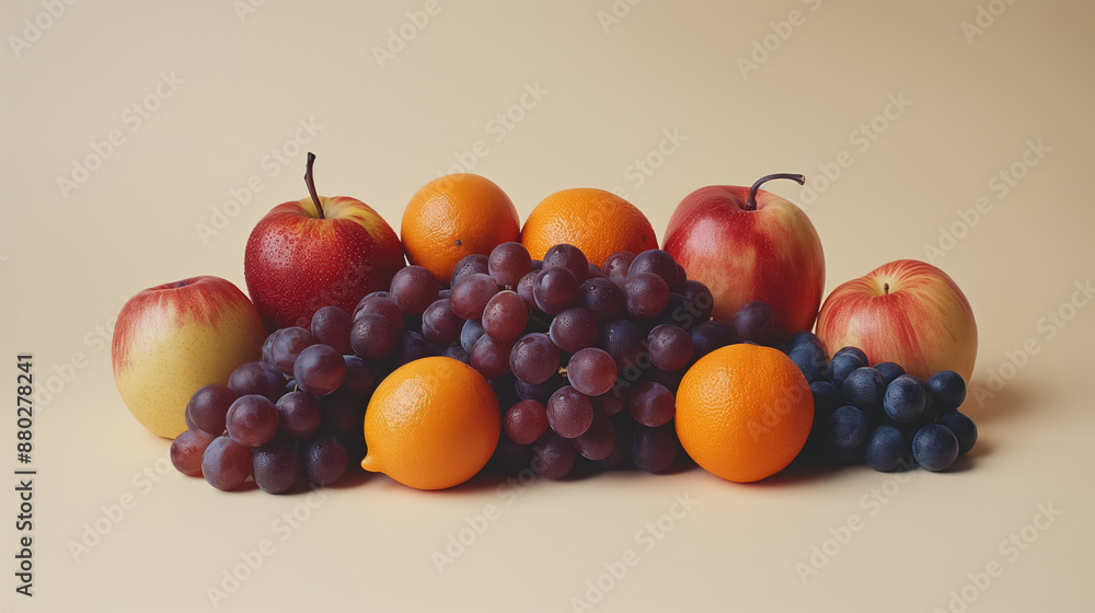 Arrangement of fresh fruits including apples, oranges, grapes, and plums on a neutral background, showcasing vibrant colors and natural textures in a simple, elegant composition Arrangement of fresh fruits including apples, oranges, grapes, and plums on a neutral background, showcasing vibrant colors and natural textures in a simple, elegant composition