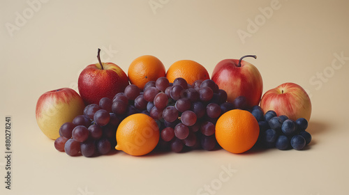 Arrangement of fresh fruits including apples, oranges, grapes, and plums on a neutral background, showcasing vibrant colors and natural textures in a simple, elegant composition