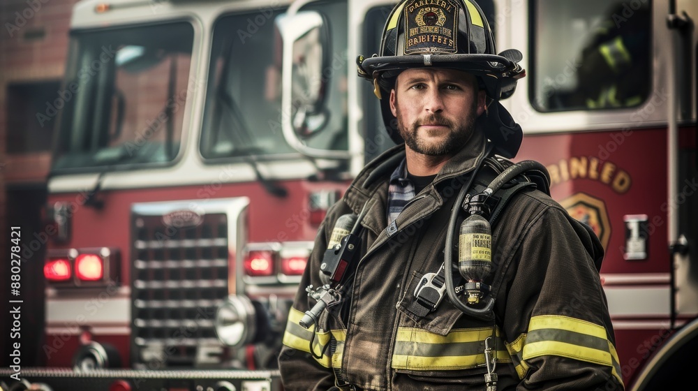 Confident Firefighter Standing by Fire Truck in Full Gear Confident Firefighter Standing by Fire Truck in Full Gear