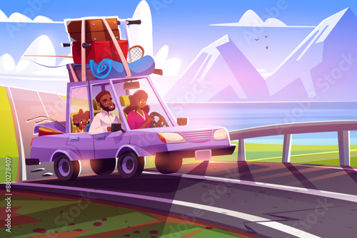 Happy smiling family with mother, father and son travel in car with luggage on roof. Cartoon african people driving automobile on road near lake or river and mountains for weekend or summer vacation.