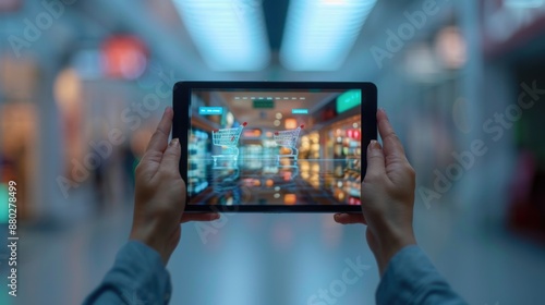 Holographic online shopping mall display with virtual shopping carts, futuristic commerce concept, hands holding, copy space, deep depth of field.