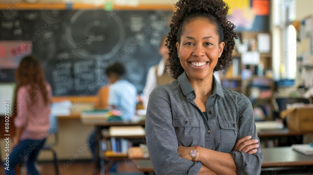 Confident Teacher in Classroom Standing in Front of Chalkboard with Arms Crossed Smiling Confident Teacher in Classroom Standing in Front of Chalkboard with Arms Crossed Smiling