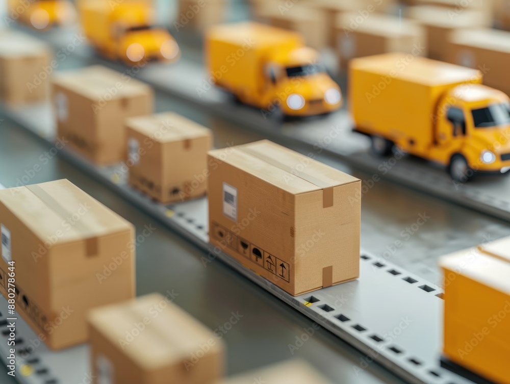High-angle shot of dispatch area with vehicles and packages, showcasing logistical efficiency and ample copy space, with focus on all objects and deep depth of field. High-angle shot of dispatch area with vehicles and packages, showcasing logistical efficiency and ample copy space, with focus on all objects and deep depth of field.