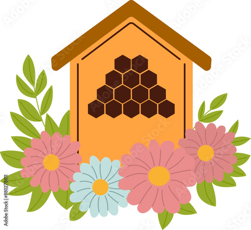 A beehive in the form of a house. A house for honey bees with combs. A beehive isolate.