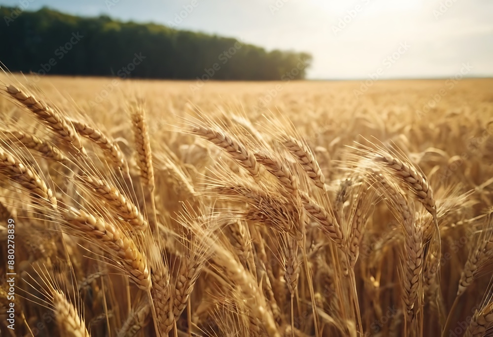 field of mature wheat at sunset. The wheat is a warm golden color and the sky is ablaze with vibrant orange, pink, and purple hues. The shallow depth of field creates a soft focus on the background field of mature wheat at sunset. The wheat is a warm golden color and the sky is ablaze with vibrant orange, pink, and purple hues. The shallow depth of field creates a soft focus on the background