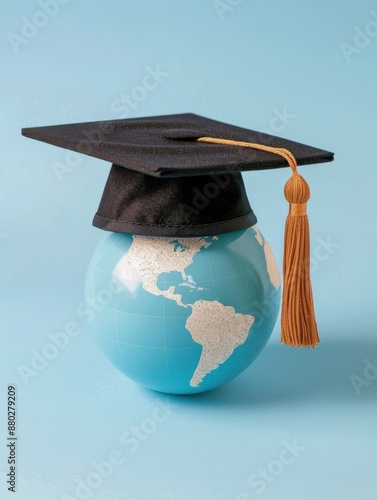 Global education concept, globe with graduation cap, deep depth of field, copy space, focus on all objects.