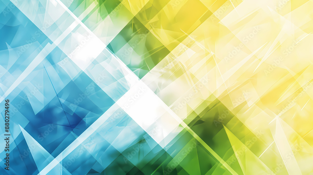 Obraz premium Abstract geometric background with vibrant blue, green, and yellow colors, featuring overlapping angular shapes and light effects.