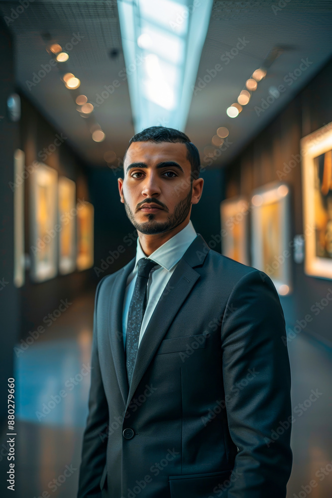 Fototapeta premium Confident Man in Business Suit Standing in Art Gallery Under Modern Lighting