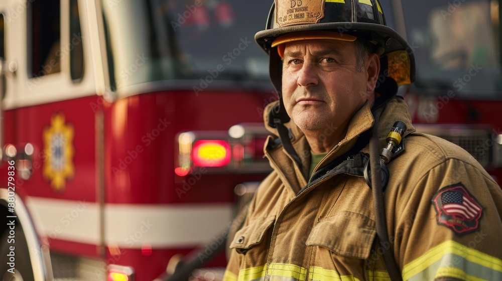 Brave Firefighter Standing Proudly in Front of Fire Truck Ready for Action Brave Firefighter Standing Proudly in Front of Fire Truck Ready for Action