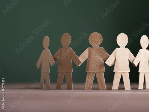 Interconnected paper dolls icon symbolizing collaboration and unity with copy space, focusing on all objects with deep depth of field.