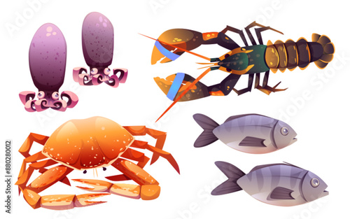 Seafood cartoon collection - cute marine animals for restaurant or market menu. Vector illustration set of underwater creatures - fish and lobster, crab and squid. Ocean crustacean and fish for cook.