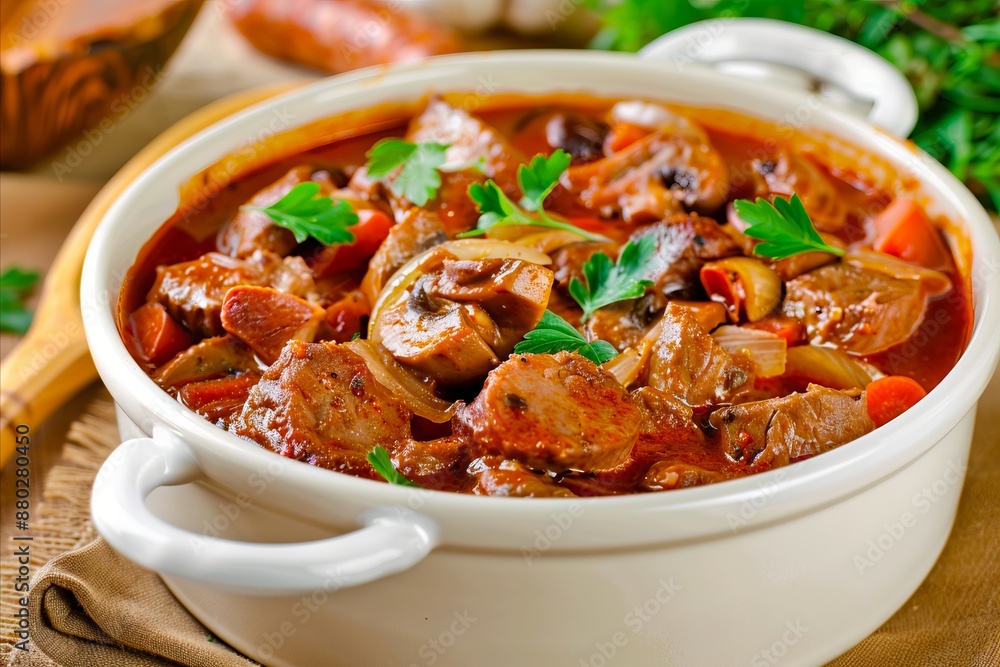 A pot of stew with meat and vegetables. A pot of stew with meat and vegetables.