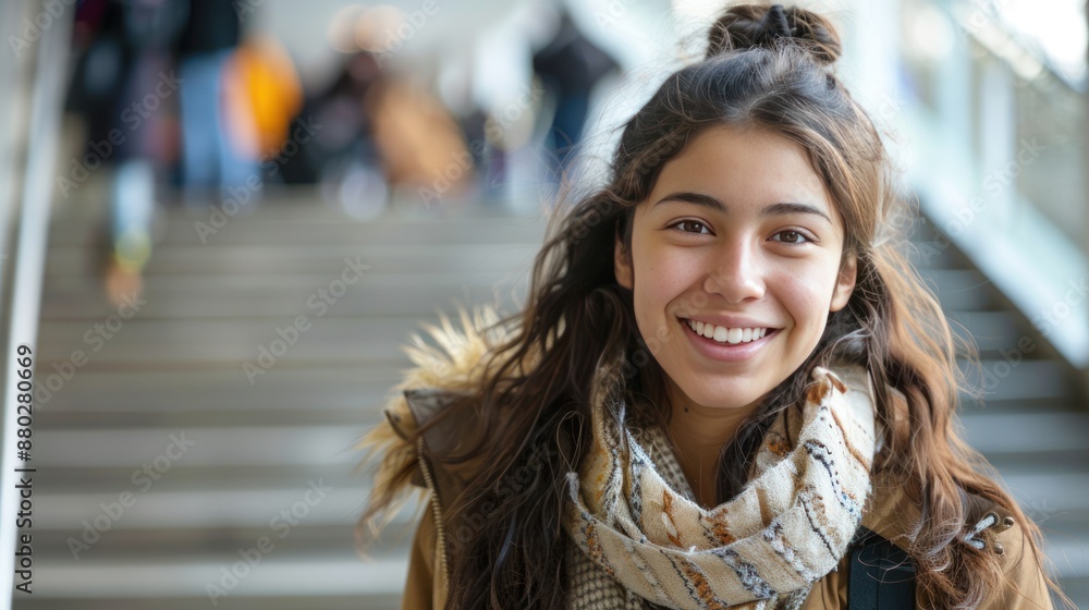 Smiling Young Woman with Long Hair in a City Setting Smiling Young Woman with Long Hair in a City Setting
