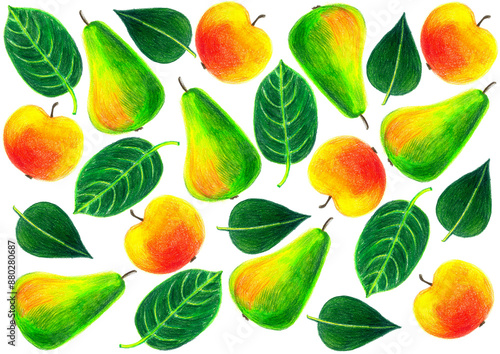 Set of pears and apples of different sizes. Different types of leaves. Drawing with colored pencils. Different shades of orange, yellow, green colors. Texture of strokes is visible. White background.