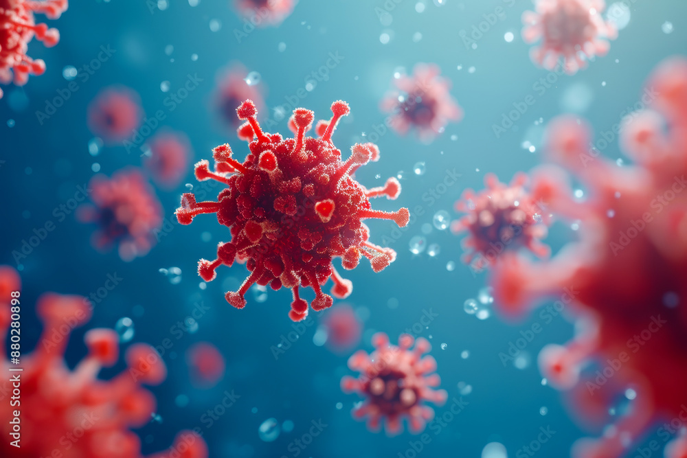 Microscopic View of Red Coronavirus Particles in Blue Background for Scientific and Medical Research Microscopic View of Red Coronavirus Particles in Blue Background for Scientific and Medical Research