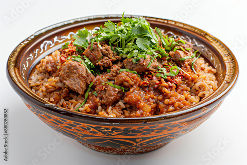 a bowl of food with meat and rice photo