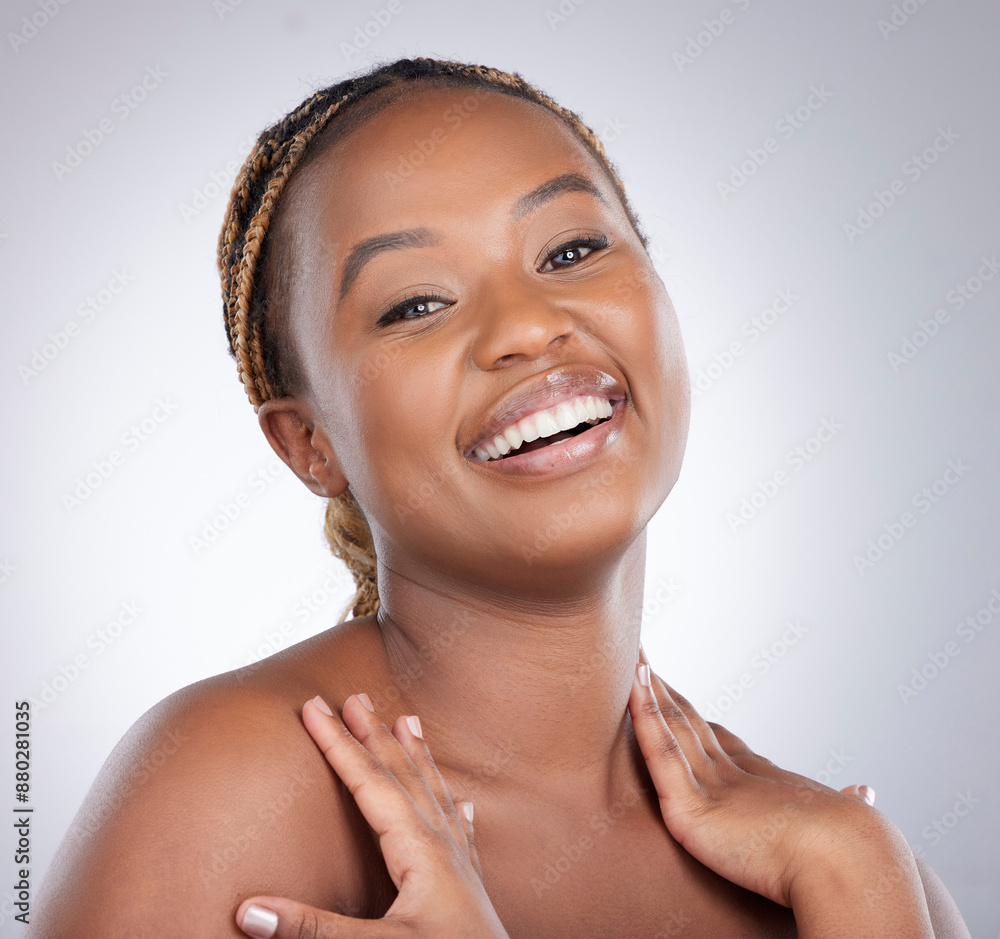 Beauty, happy and black woman with skincare portrait in studio with body care, smooth skin and confidence. Model, person and cosmetics with wellness, selfcare and glow treatment on gray background Beauty, happy and black woman with skincare portrait in studio with body care, smooth skin and confidence. Model, person and cosmetics with wellness, selfcare and glow treatment on gray background