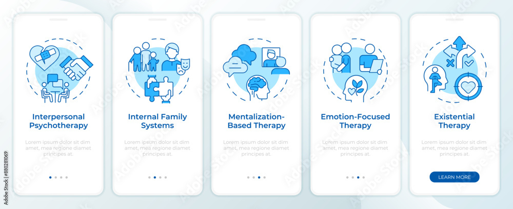 Fototapeta premium Mental counseling differences blue onboarding mobile app screen. Walkthrough 5 steps editable graphic instructions with linear concepts. UI, UX, GUI template. Montserrat SemiBold, Regular fonts used