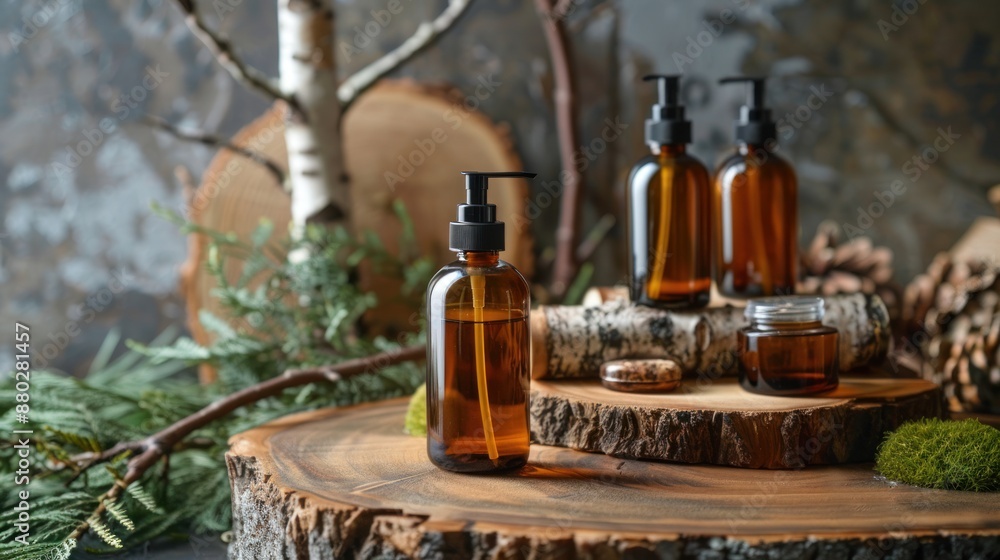 Amber Bottles of Natural Products on a Wooden Slab Amber Bottles of Natural Products on a Wooden Slab
