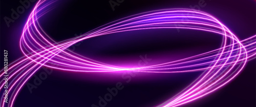 Abstract neon light lines glowing on black background. Vector realistic illustration of purple wave motion effect, futuristic abstract backdrop for modern technology presentation, fast movement