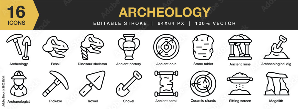 Set of 16 Archeology icon set. Editable Stroke Icon Collection ...