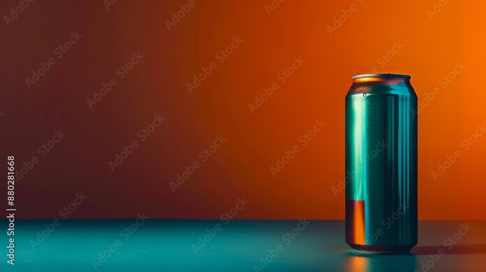 A can of beer on a table with an orange background. A can of beer on a table with an orange background.