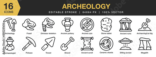 Set of 16 Archeology icon set. Editable Stroke Icon Collection. Includes ancient coin, ancient scroll, fossil, megalith, pickaxe, and More. Outline icons vector collection.