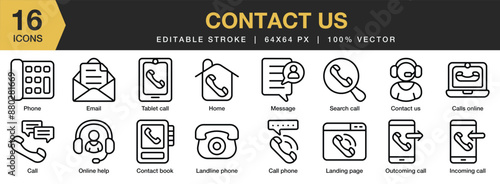 Set of 16 Contact Us icon set. Editable Stroke Icon Collection. Includes call phone, contact book, email, landing page, home, out coming call, and More. Outline icons vector collection.