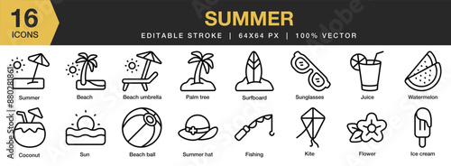 Set of 16 Summer icon set. Editable Stroke Icon Collection. Includes beach ball, coconut, juice, kite, palm tree, surf board, and More. Outline icons vector collection.