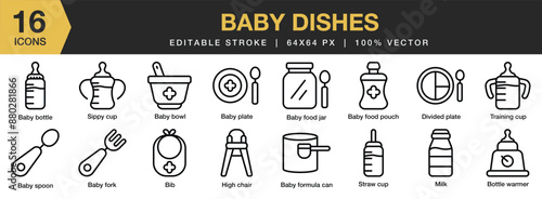 Set of 16 Baby Dishes icon set. Editable Stroke Icon Collection. Includes baby bottle, baby bowl, baby fork, bib, high chair, and More. Outline icons vector collection.