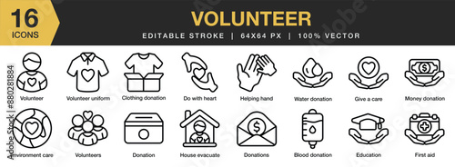 Set of 16 Volunteer icon set. Editable Stroke Icon Collection. Includes blood donation, helping hand, money donation, volunteers, water donation, and More. Outline icons vector collection.