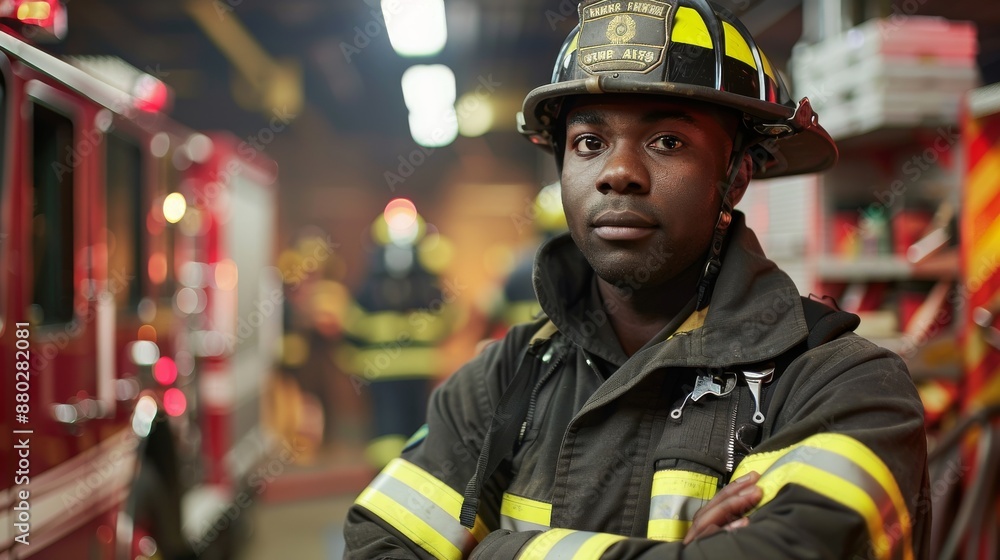 Brave Firefighter in Full Gear Standing Proudly at Fire Station Brave Firefighter in Full Gear Standing Proudly at Fire Station