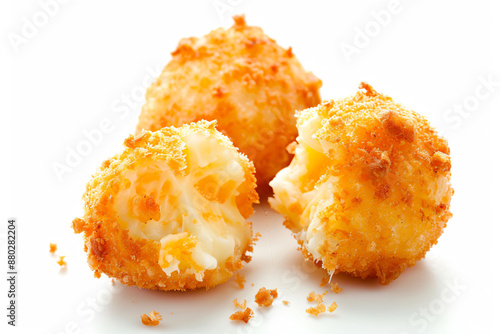 three pieces of breaded cheese on a white surface photo