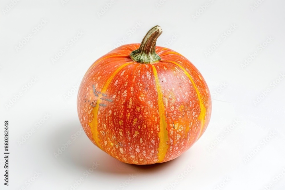 A vibrant orange and yellow striped pumpkin sitting on a clean white surface, ready for decoration or photography